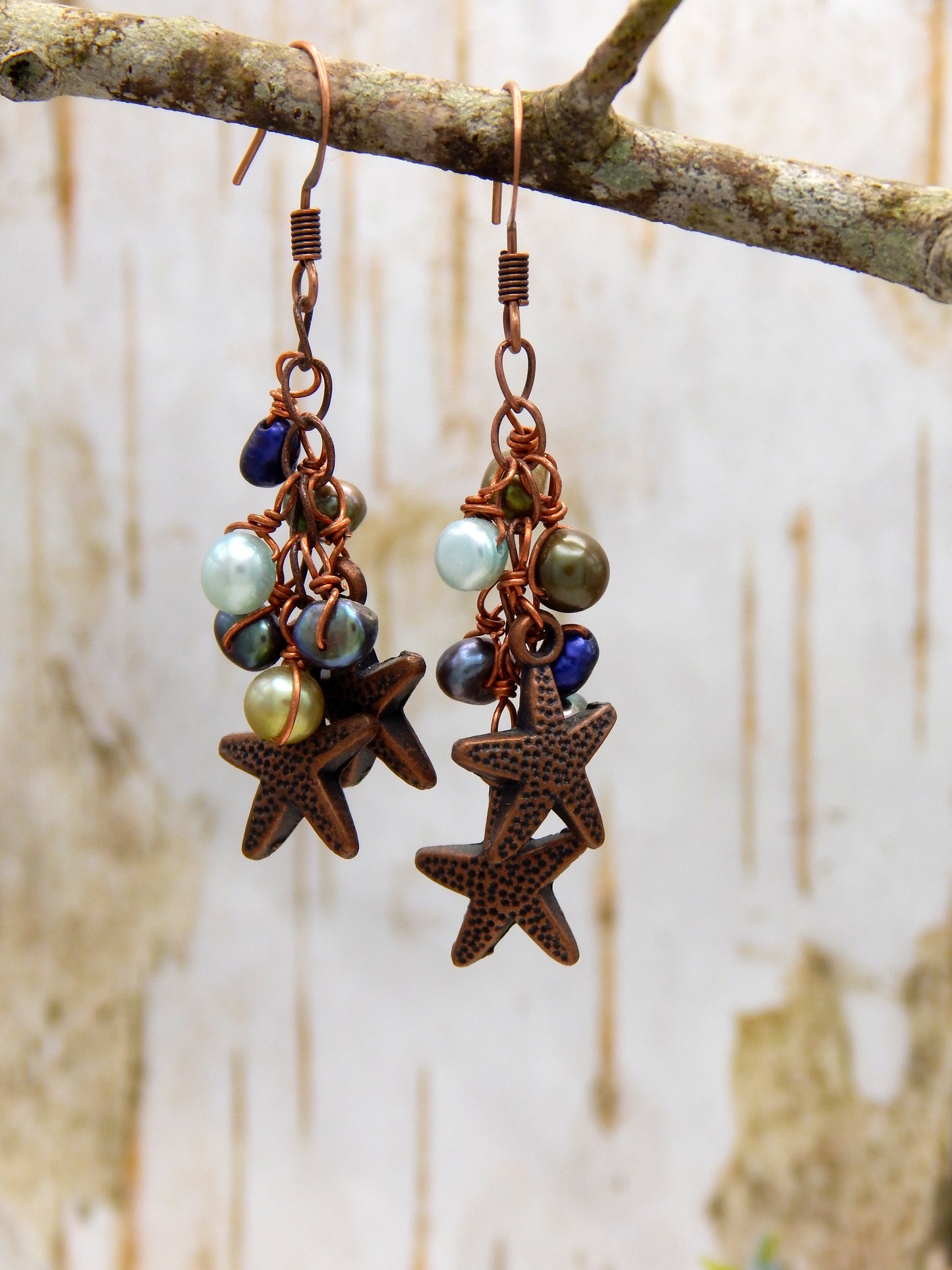 Copper pearl cluster earrings with starfish