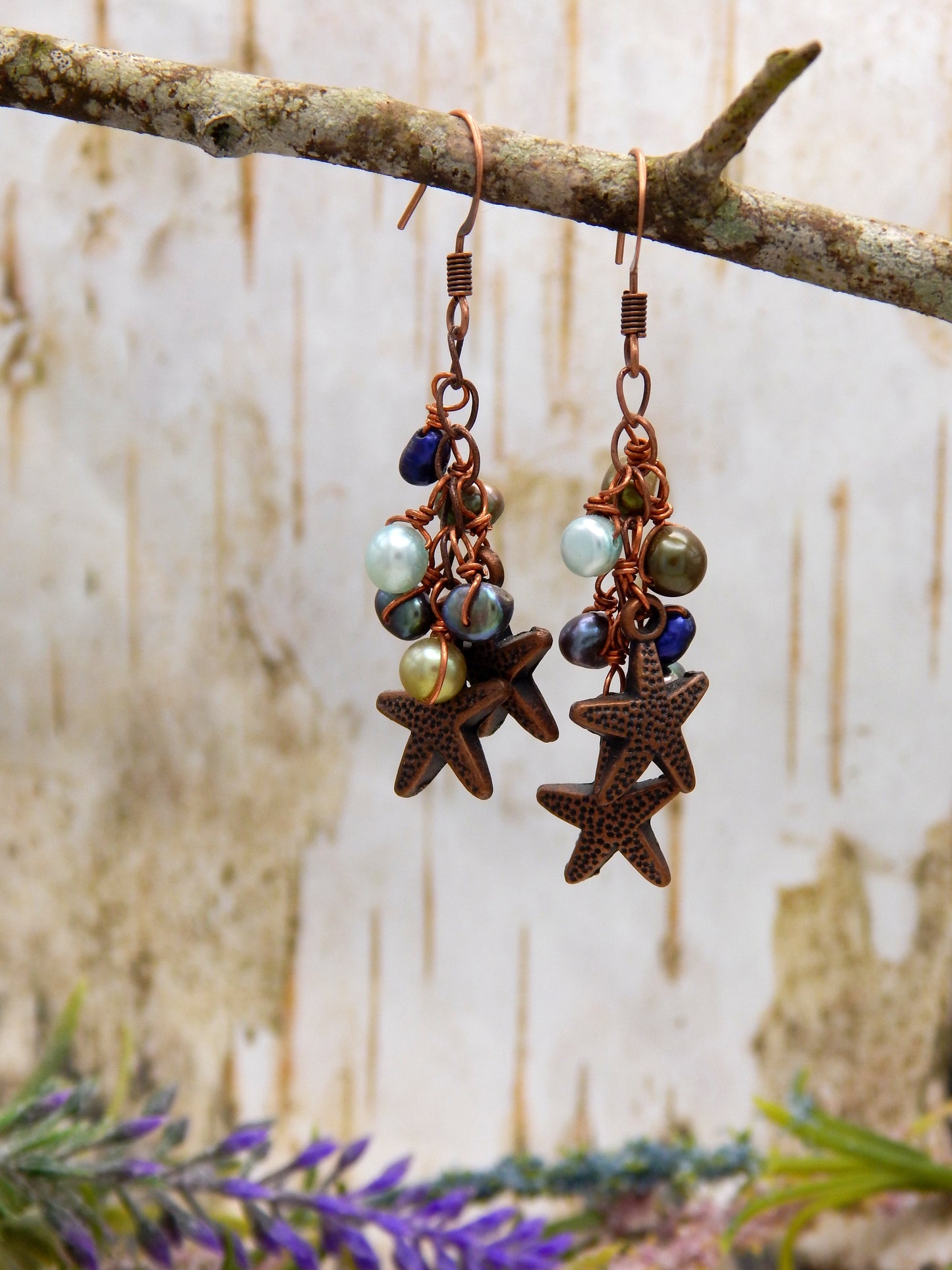 Copper pearl cluster earrings with starfish