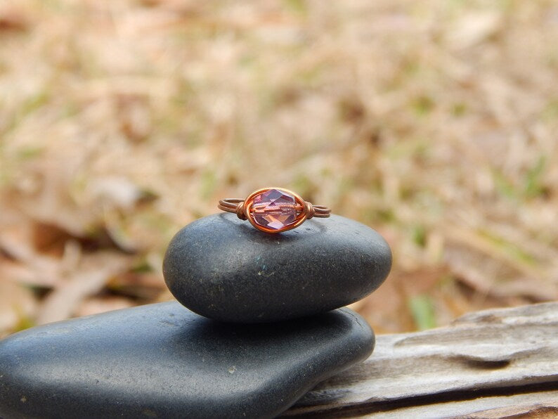 Wire wrapped copper and glass ring size 4.5