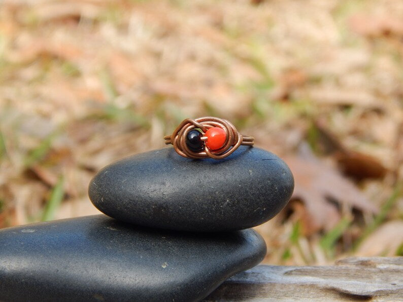 Wire wrapped size 4.5 copper and glass ring