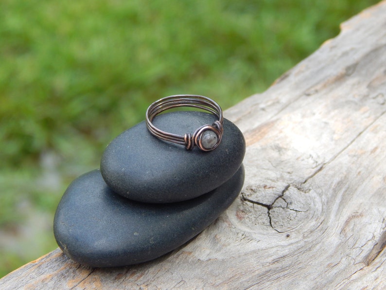 Copper wire wrapped larvikite size 7 ring
