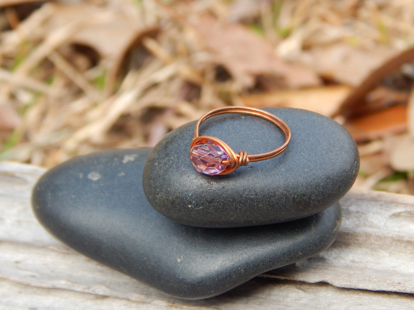 Wire wrapped copper and glass ring size 4.5