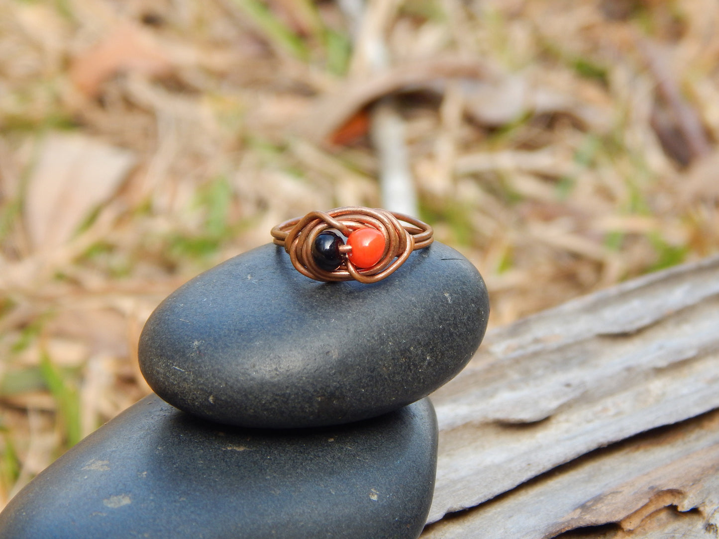 Wire wrapped size 4.5 copper and glass ring