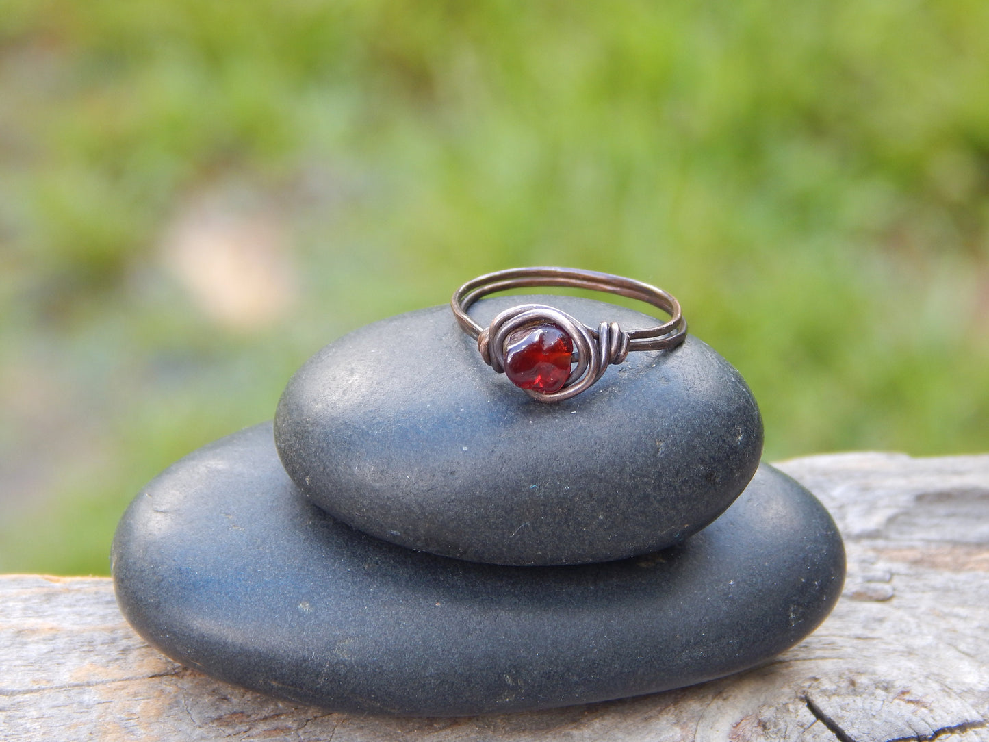 Wire wrapped garnet size 7 ring