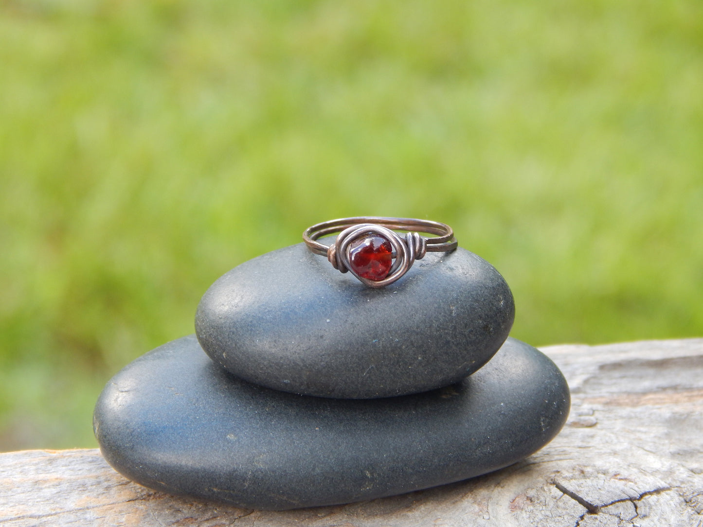 Wire wrapped garnet size 7 ring