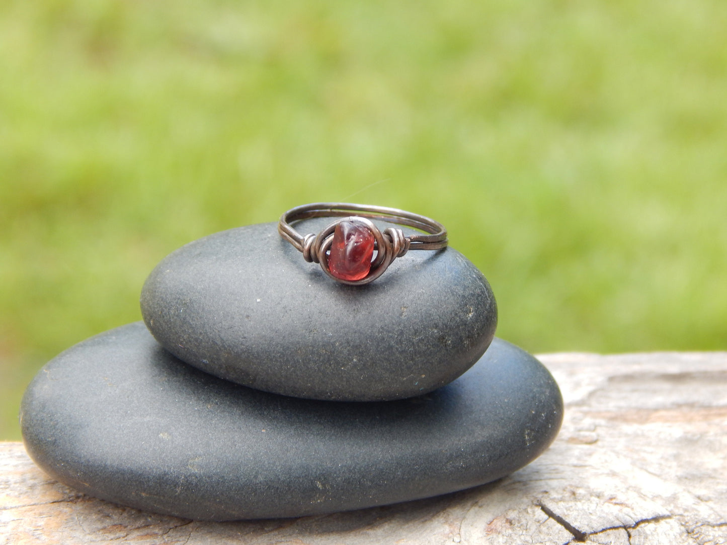 Copper wire wrapped garnet size 7.5 ring