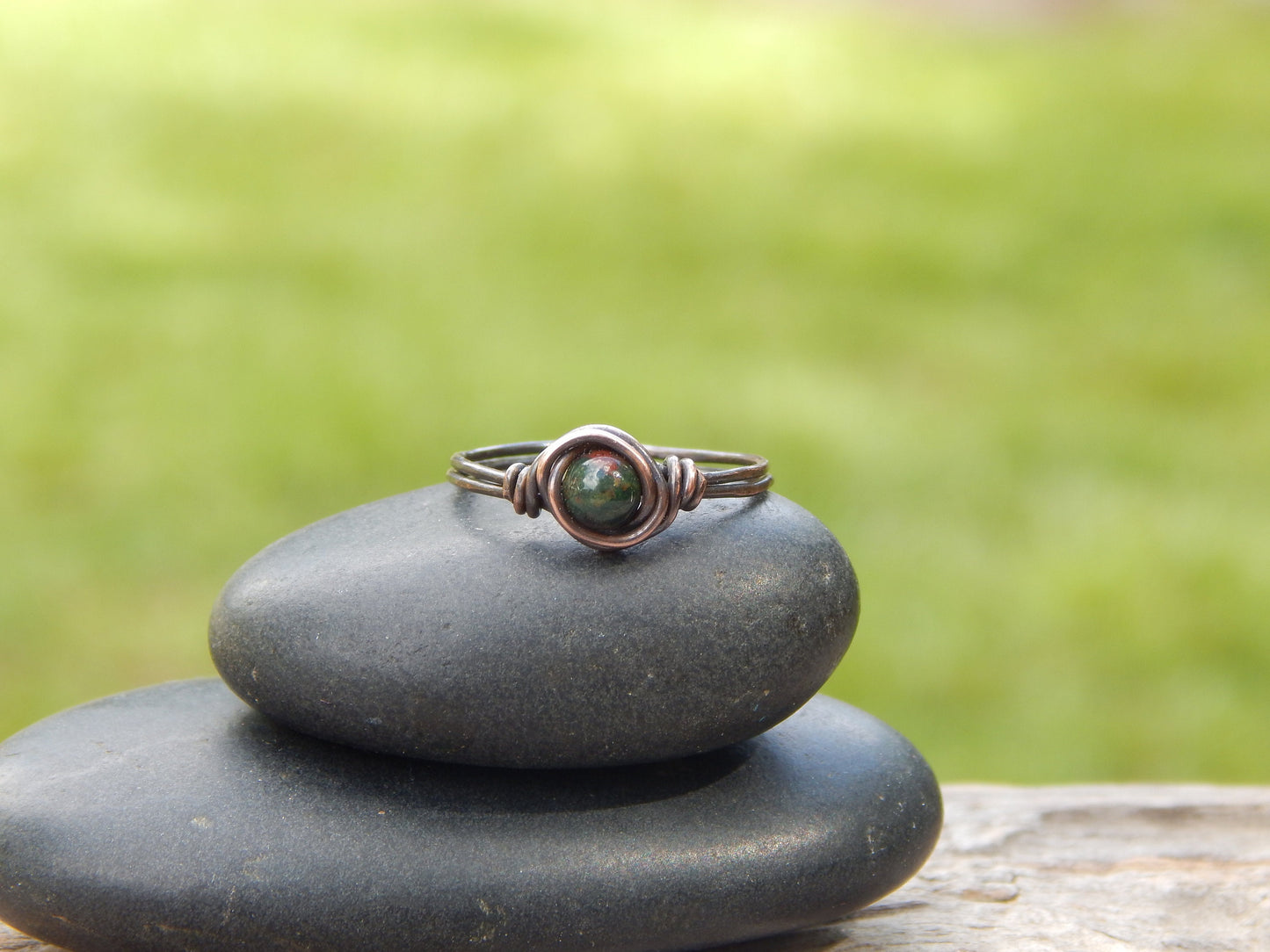 Wire wrapped copper and bloodstone size 7.5 ring