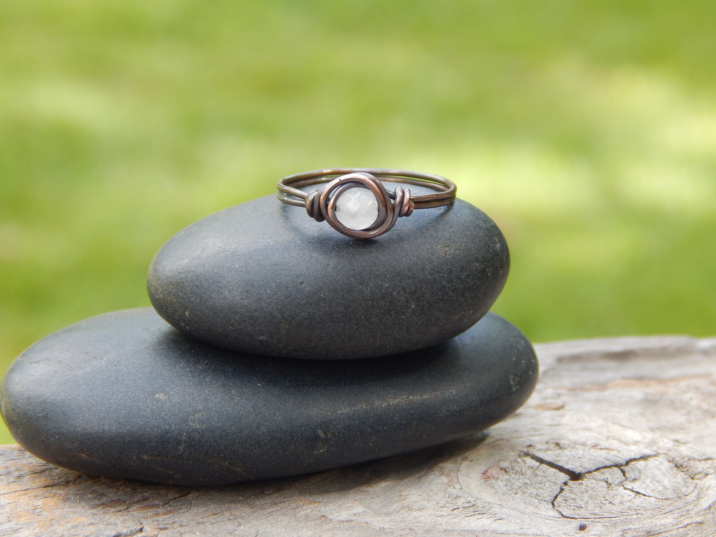 Rose quartz copper wire wrapped ring size 7.5