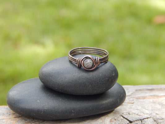 Copper wire wrapped larvikite size 7 ring
